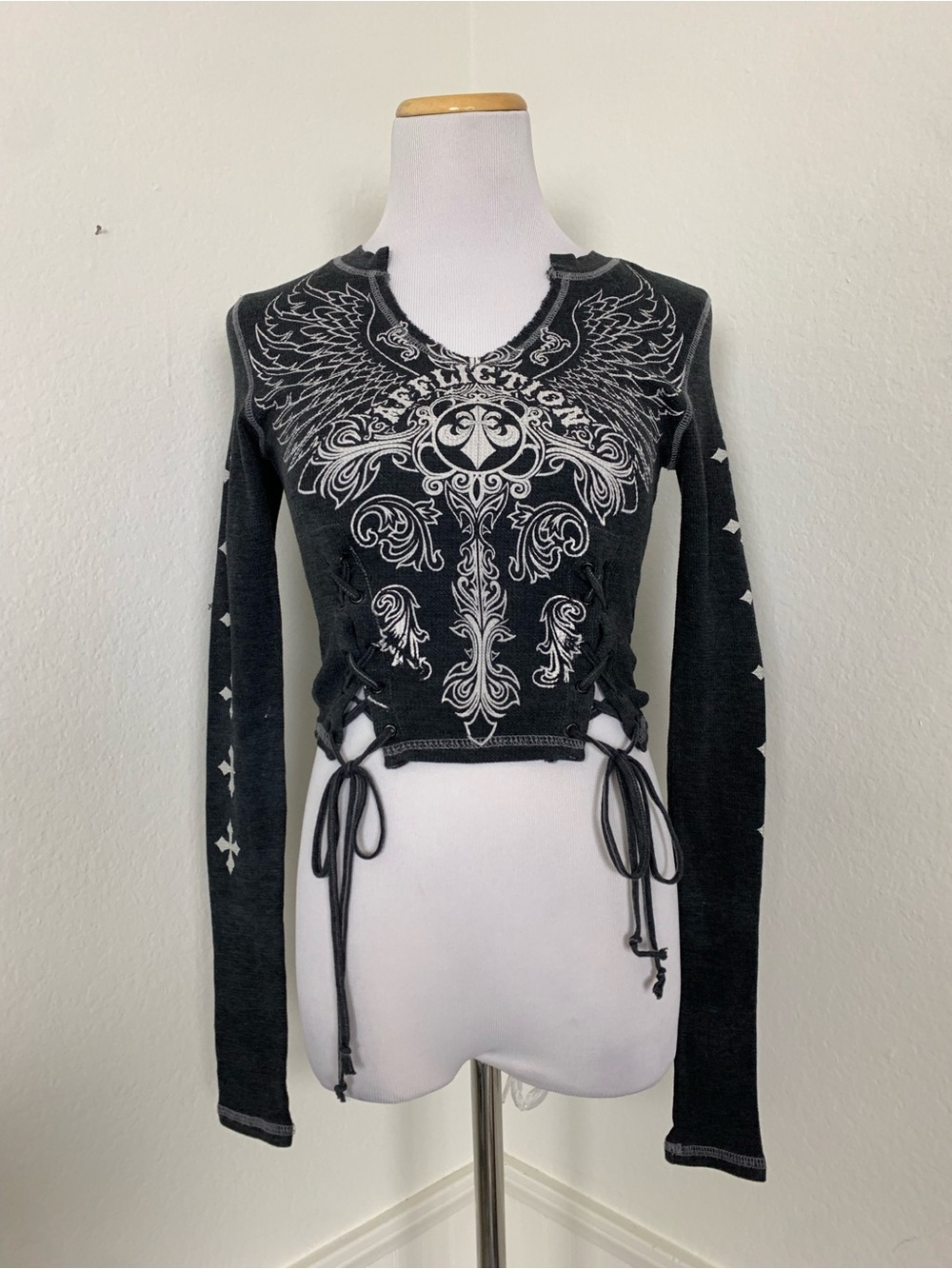 NWT Affliction Iron Soul Thermal Top Womens XS Gray Lace Up Sides Graphic Shirt